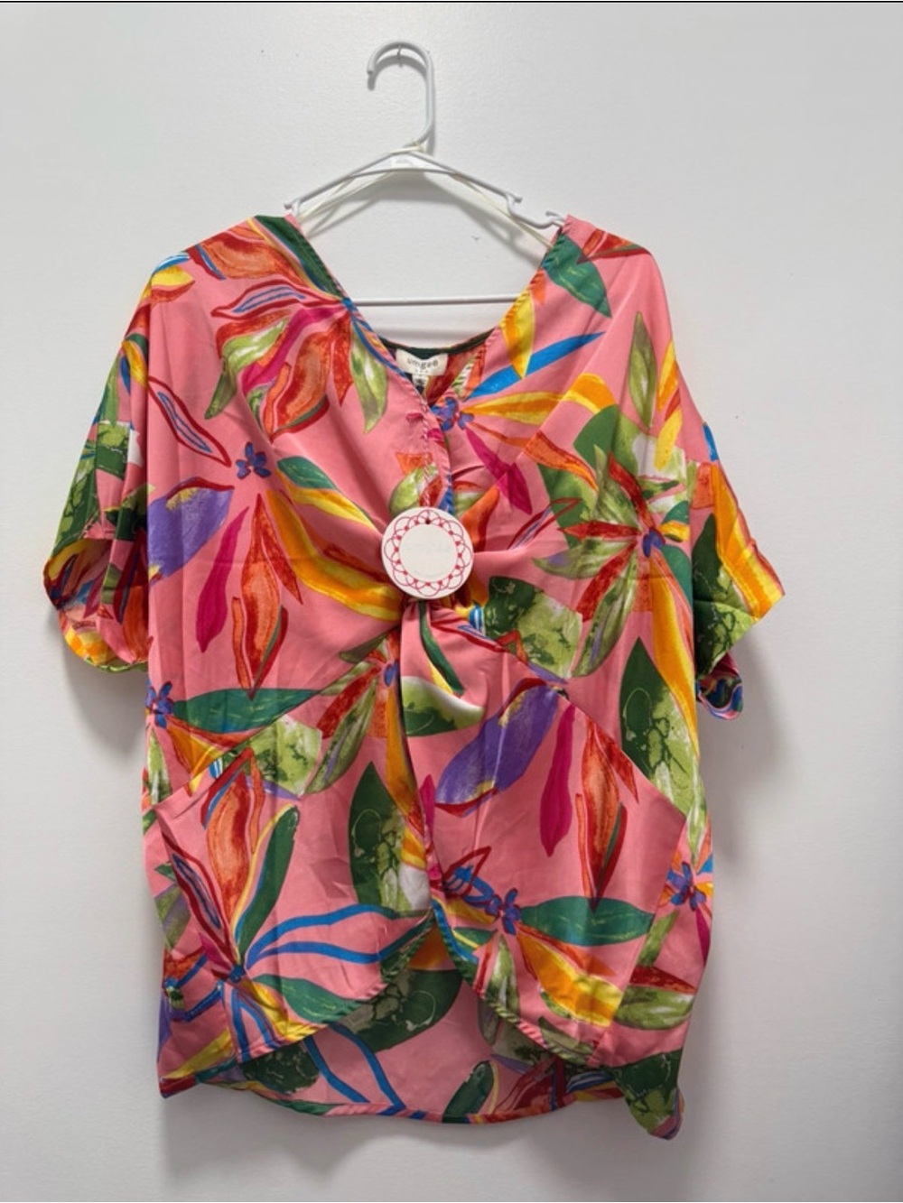 Umgee Pink Tropical Floral Twist-Front Blouse